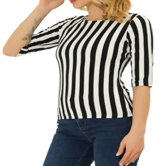 Allegra K Women's Elbow Sleeves Round Neck Slim Fit Casual Printed T-Shirt image {17}