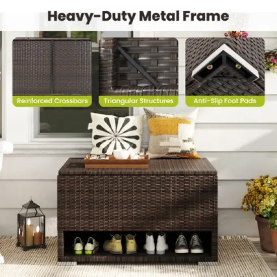 Tangkula 48 Gallon PE Wicker Rattan Deck Box w/ Shoe Rack Outdoor Storage Bin w/ Protective Liner image {6}