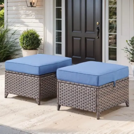 POCASSY Wicker Outdoor Ottoman, Patio Footstools with All Weather Brown Wicker and Polyester Olefin Cushion, 250lbs Load Capacity image {7}