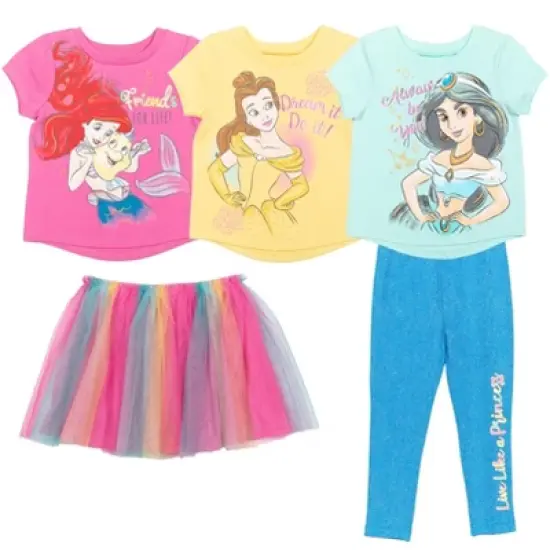 Disney Belle Princess Ariel Jasmine Graphic T-Shirt Mesh Skirt Leggings and 3 Piece Outfit Set Jasmine, Belle, Ariel  image {10}