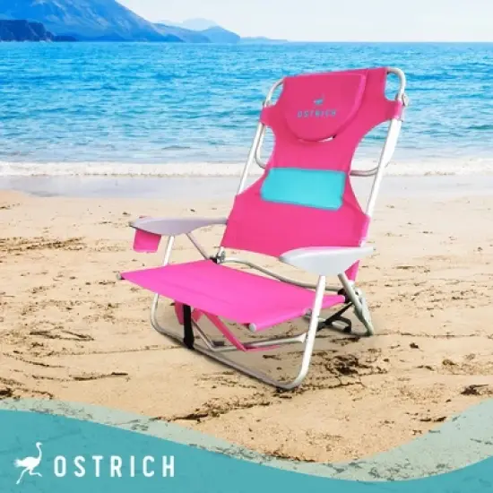 Ostrich Altitude 3-in-1 16-Inch Tall Reclining Chair & Ladies Comfort On-Your-Back Beach Chair w/Storage Bag, Carry/Backpack Straps & Cup Holder, Pink image {4}