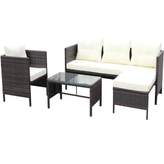 FIONECA 4-Piece Outdoor Patio Wicker Conversation Set, Rattan Sectional Sofa with Beige Cushions & Coffee Table image {8}