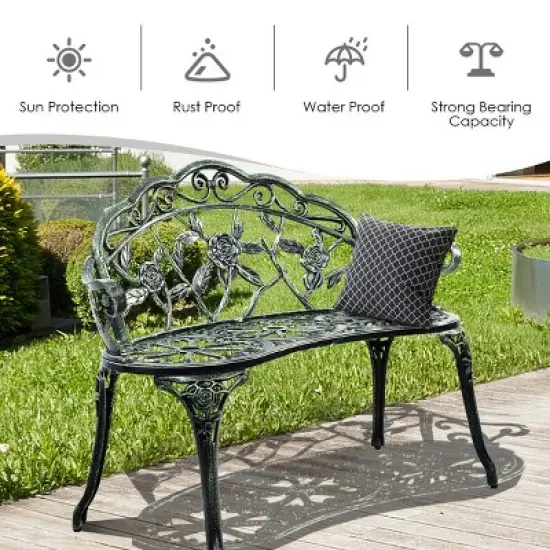 Costway Patio Garden Bench Chair Style Porch Cast Aluminum Outdoor Rose Antique Green image {5}