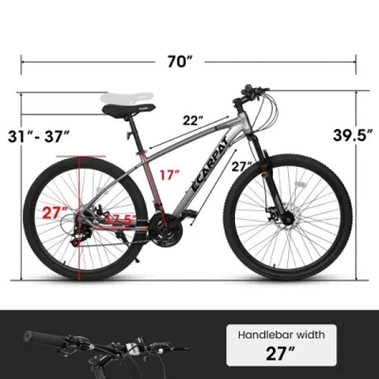 NAYSAYE Bicycle 27 Inch Mountain Bike 21 Speed with Suspension Fork and Disc Brakes for Men and Women, Gray, 70"*27"*39.5" image {4}