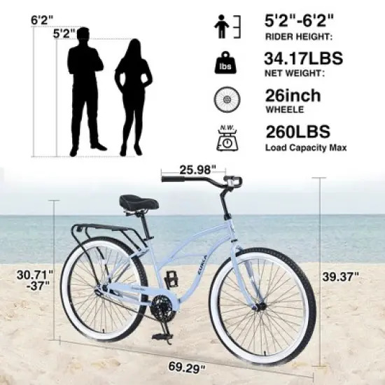 Gulches 26-Inch Single Speed Bicycles - Blue Beach Cruiser with Wide Wheels for Stability image {5}
