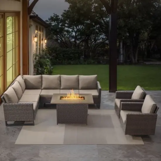 POCASSY L-Shaped Patio Sectional Sofa Set with Fire Pit Table, All Weather Brown Wicker Outdoor Furniture Set with Swivel Chair and Propane Fire Pit image {17}
