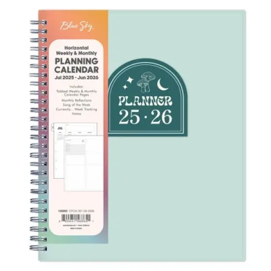 Blue Sky 7"x9" 2025-2026 Weekly/Monthly Wirebound Planner Clear Cover Mushroom Green image {2}