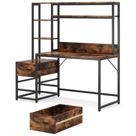 Resenkos Computer Desk, Gaming Desk,60" Tall Computer Desk Writing Table with 2 Drawers and Storage Shelves,Rustic image {2}