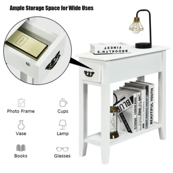 Costway 2 Tier End Bedside Sofa Side Table Narrow Nightstand w/Drawer &Shelf White image {9}