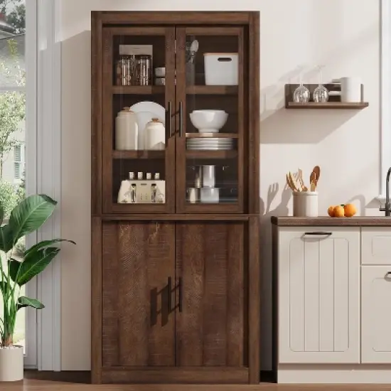Tall Kitchen Pantry, Pantry Storage Cabinet with 2 Glass Doors & Adjustable Shelves, Farmhouse Freestanding Pantry Cupboard image {3}