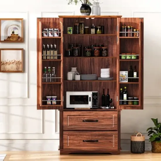 Kitchen Pantry Cabinet with 3 Adjustable Shelves, 2 Drawers, 8 Door Racks, Embossed Freestanding Storage Organizer for Laundry-The Pop Home image {7}