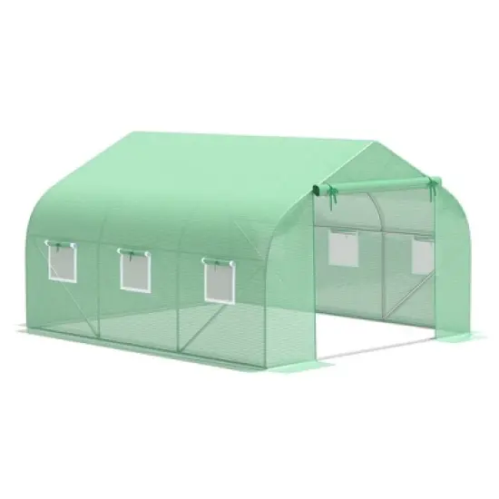 Outsunny Outdoor Walk-In Tunnel Greenhouse Hot House with Roll-up Windows, Zippered Door, PE Cover, Green image {9}