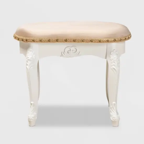 Gabrielle Velvet Fabric Upholstered Wood Vanity Ottoman Sand/White/Gold - Baxton Studio image {1}