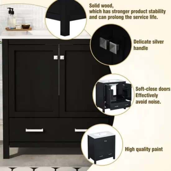 30 Inch Solid Wood Frame Bathroom Vanity with Single Sink, 2 Doors and a Drawer image {4}