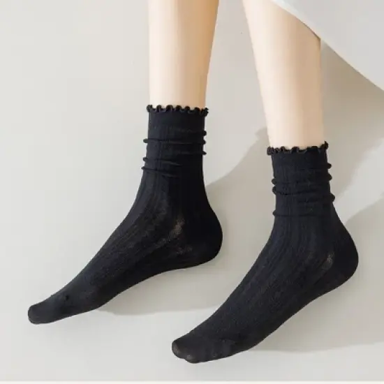 Anna-Kaci Women's Ribbed Crew Socks with Ruffle Lettuce Trim Soft Stretch Knit Comfortable Everyday 5-Pack image {3}