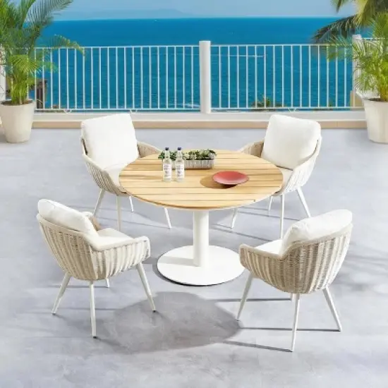 Complete Garden Dining Group Contour Cushioned Chairs & Circular HardwoodTexture Table image {1}