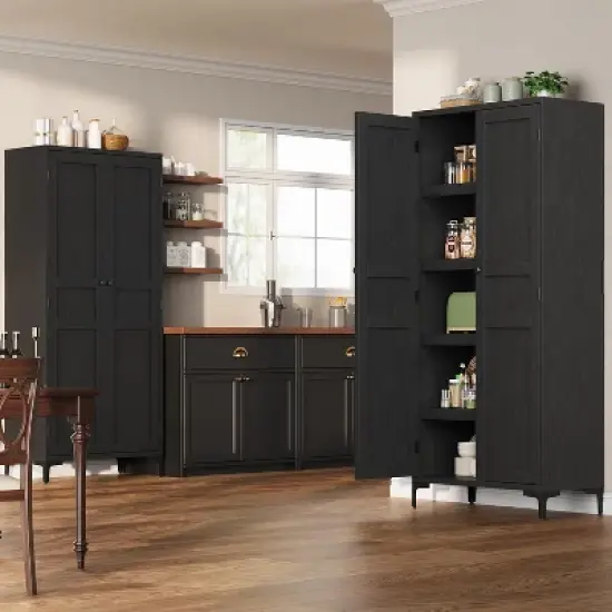 Coucheta Tall Kitchen Pantry Cabinet, 5 Tier Freestanding Cabinet with 2 Doors and Adjustable Shelves for Kitchen, Dining Room, Bathroom，black image {6}