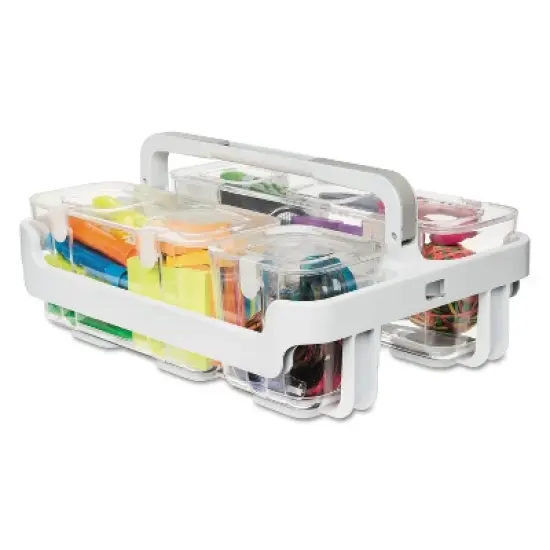 deflecto Stackable Caddy Organizer with S, M and L Containers, Plastic, 10.5 x 14 x 6.5, White Caddy/Clear Containers image {7}