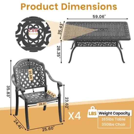5-Piece Cast Aluminum Outdoor Dining Set: Rectangle Table, Stackable Chairs & Red Cushions - All-Weather Patio Furniture for Your Backyard image {3}