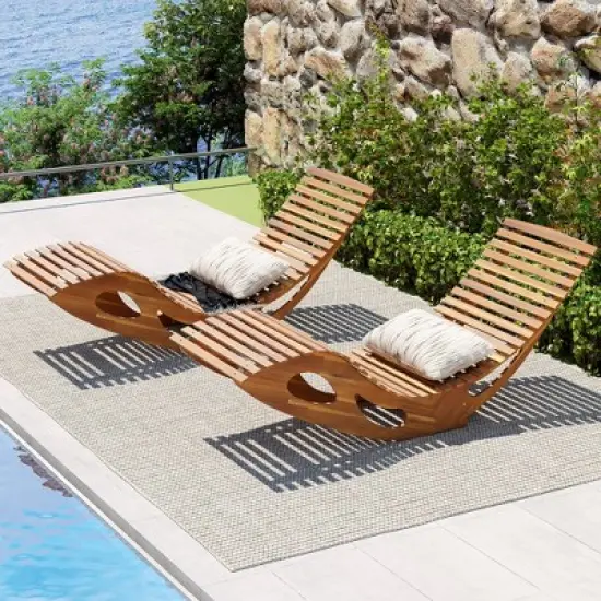 Tangkula 2PCS Outdoor Chaise Lounge Acacia Wood Rocking Sun Lounger with Slatted Backrest and Seat Wooden Rocker Lounge Chair image {1}