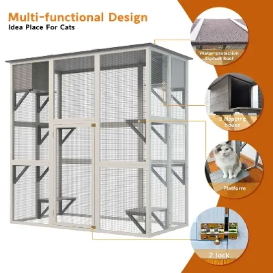 ORRD Gray Wooden Outdoor Cat House with Asphalt Roof, 6 Platforms & 2 Resting Boxes, Apartment-Style Cat Shelter for Balcony or Patio image {3}