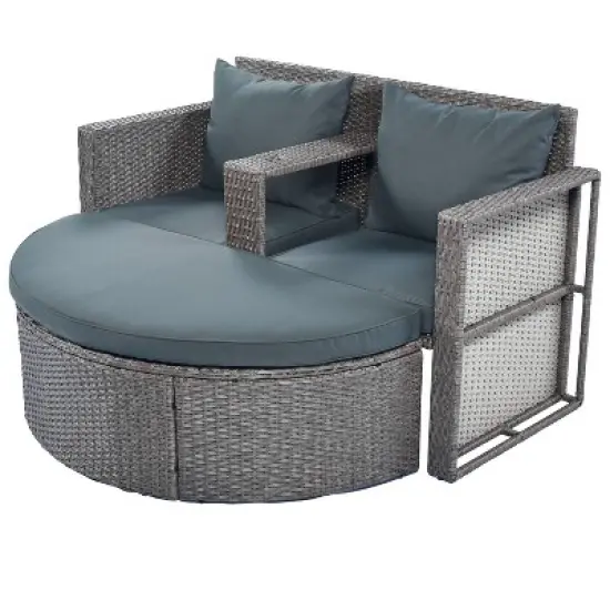 2pc Outdoor Wicker Conversation Sectional Set with Cushions & Half-Moon Side Table for Umbrella - Gray - GODEER image {6}
