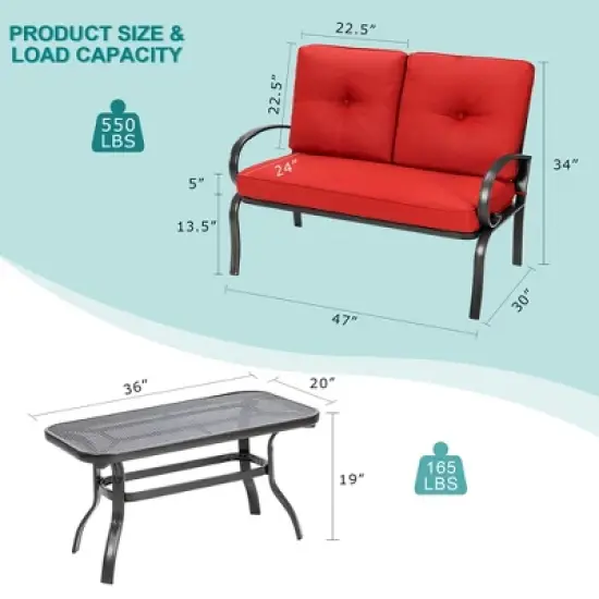 Costway 2PC Patio LoveSeat Coffee Table Furniture Set  Bench W/ Cushions image {3}