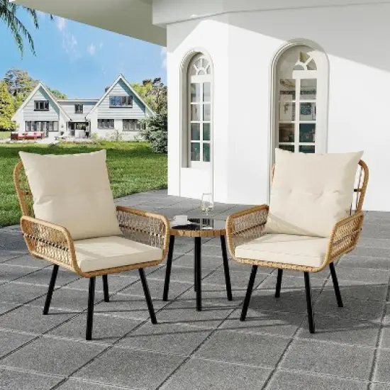 Acekool 3-Piece Wicker Patio Bistro Set with Glass Top Side Table and Cushioned Rattan Chairs for Outdoor Balcony, Porch, Backyard &ndash; Beige image {8}