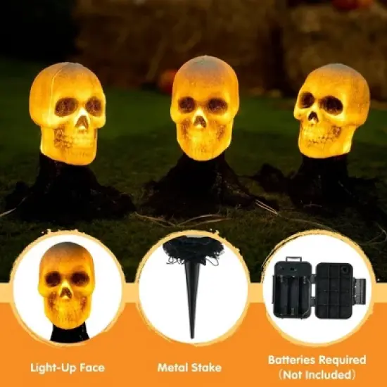 Joyfy 3 Pcs Skeleton Lightup Skull Stakes for Halloween Outdoor Decorations, Pathway Makers for Halloween Party, Lawn Props, Halloween Yard Decor image {5}