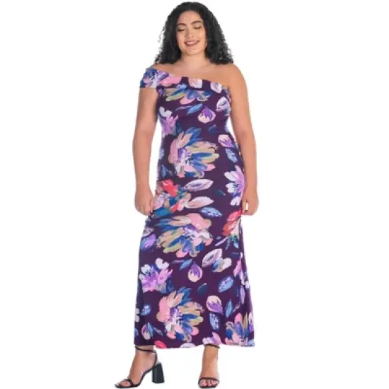 Womens Plus Size Purple Floral One Shoulder Rouched Mermaid Maxi Dress image {4}
