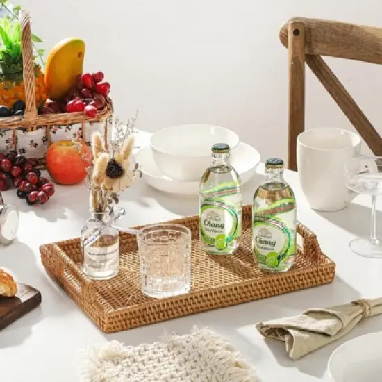 BRINJOY 17" Rectangular Woven Tray - Bohemian Handwoven Rattan Coffee Table Tray with Handles image {1}