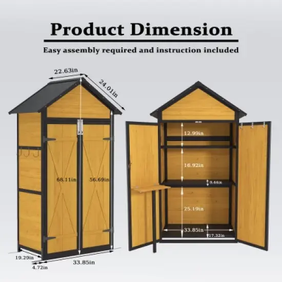 Outdoor Storage Cabinet Weatherproof Wood Storage Shed with Waterproof Roof Removable Shelves Foldable Table Hooks 69 Inches Garden Tool Shed image {1}