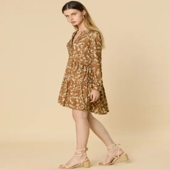 Allegra K Women's Spring Floral Long Sleeves V Neck Casual Babydoll Tiered Dress image {3}