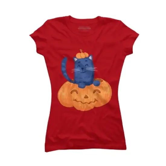 Junior's Design By Humans Halloween Cat In A Pumpkin By wubbadub T-Shirt image {7}