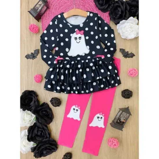 Polka Dot Boos Ruffle Tunic & Legging Set Mia Belle Girls, Black, 4T image {4}