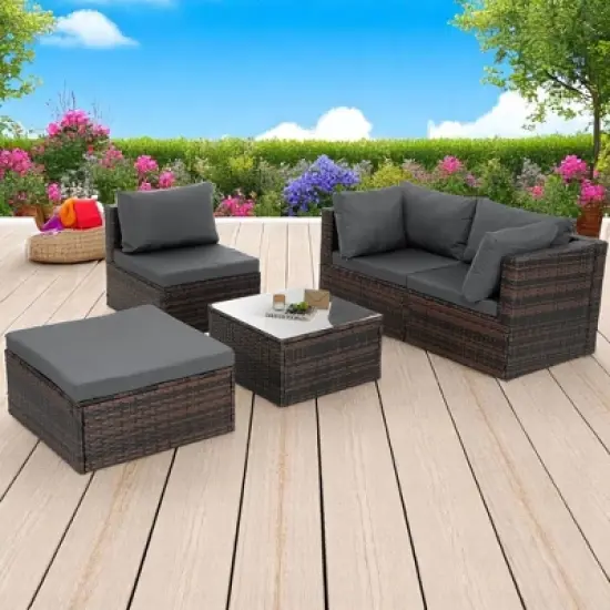 5-Piece Patio Furniture Set with PE Wicker Furniture set, Tempered Glass Table, Cushions with Zipper,Outdoor Furniture set image {4}