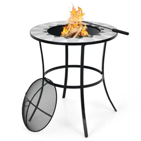 WELLFOR 23.5" Wood Burning Dining Fire Table With Mesh Cover & Poker W-10388 Black image {1}