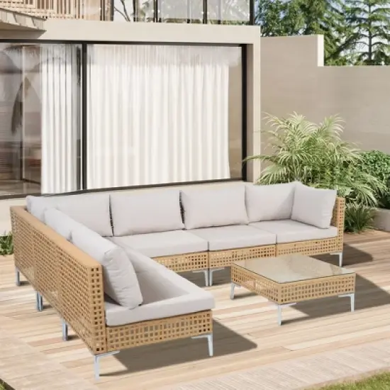 Yardgrace 7-Piece Cutout Wicker Hollow-Design Corner Sofa Outdoor Patio Conversation Sectional Seating Set image {1}