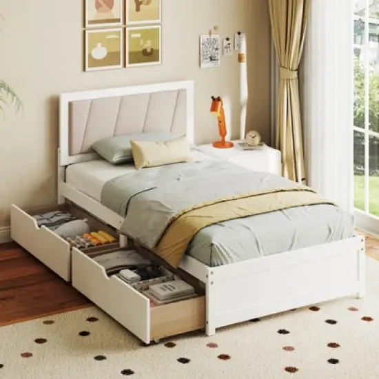 Costway Twin Size Bed Frame with 2 Storage Drawers Upholstered Headboard Wood Structure image {1}