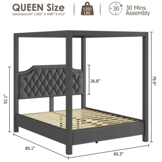 Upholstered Canopy Bed Frame Full Size with Headboard, Button Tufted, Nailhead Trim Design, No Box Spring Required image {8}