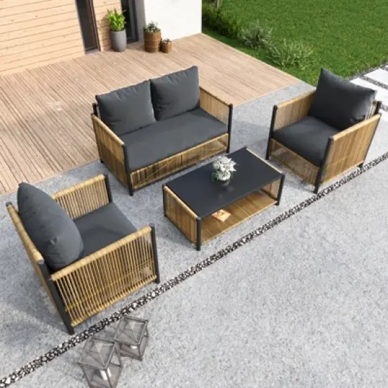 FIONECA 4-Piece Outdoor Brown PE Wicker Sofa Set with Grey Cushions, Sectional Patio Furniture for Backyard, Garden, Porch, Balcony image {3}