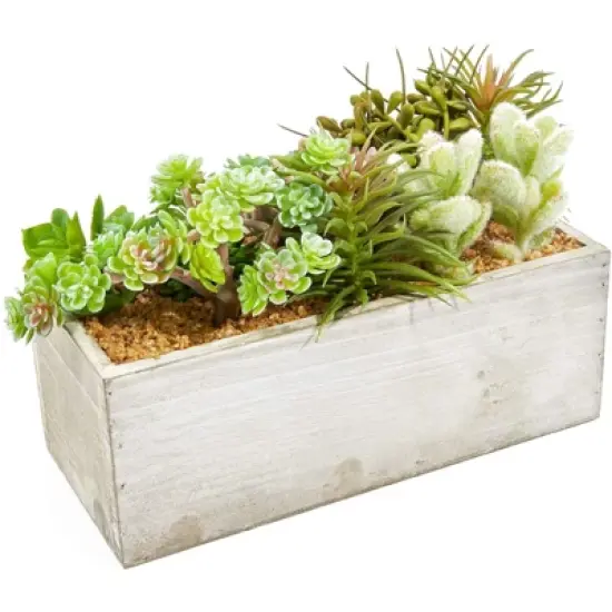 Juvale Artificial Mixed Succulent Faux Fake Cactus Plants in Rectangular Wooden Planter Box 9 x 4 in. image {3}