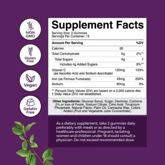 Super Iron Gummy, Chewable Iron Supplement for Women and Men with Vitamin C for Higher Absorption, Grape Flavor, Nature's Craft, 30ct image {2}