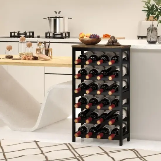 Itopfox 6-Tier Bamboo Wine Rack Freestanding Floor, 24 Bottles Wine Storage Shelves with Table Top, Stackable Display for Kitchen, Bar Rustic Brown image {6}