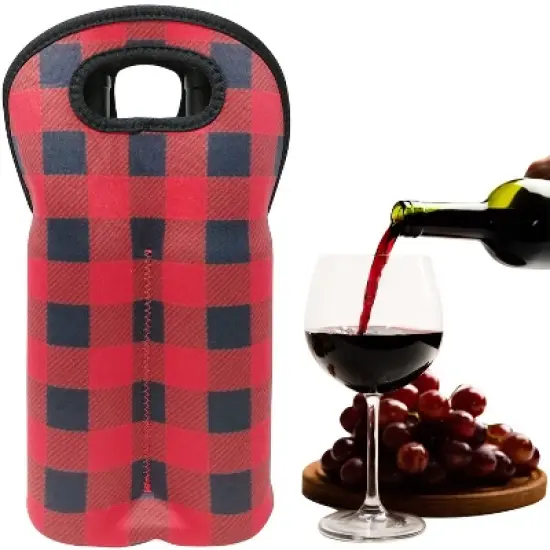 Wrapables Insulated Neoprene Wine Tote, Two Bottles, Red Checkered image {5}