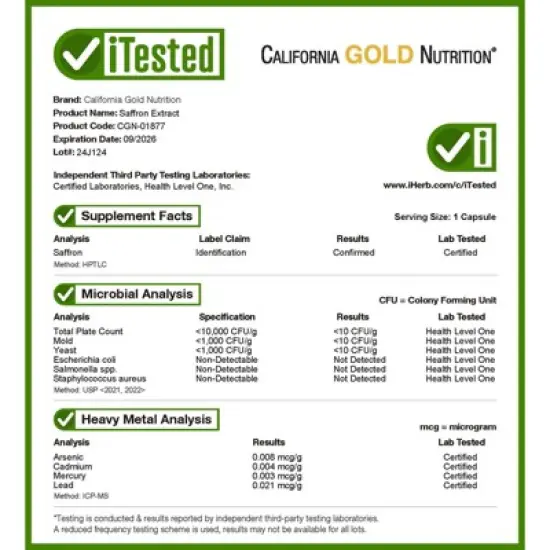 Saffron Extract with Affron, Premium Saffron (Crocus sativus ) Extract Standardized to 3.5% Lepticrosalides, 28 mg, 60 Veggie Capsules image {3}