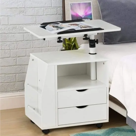 EROMMY 360 Degree Swivel Top Adjustable Height Bedside Nightstand End Table with Storage Drawers, Shelves, Lockable Wheels, & Computer Baffle, White image {3}