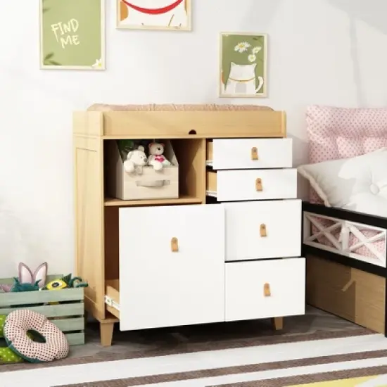FUFU&GAGA Baby Changing Table Storage Cabinet Large Operating Table Four Drawers Leather Handles Solid Wood Table Corners Practical and Safe image {1}