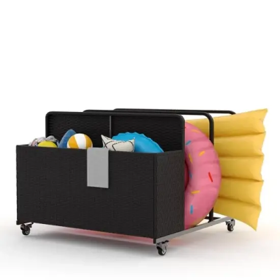 Outdoor Pool Float Storage with Wheels, PE Rattan Poolside Storage Bin Basket with Compartments and Side Shelves for Patio image {7}