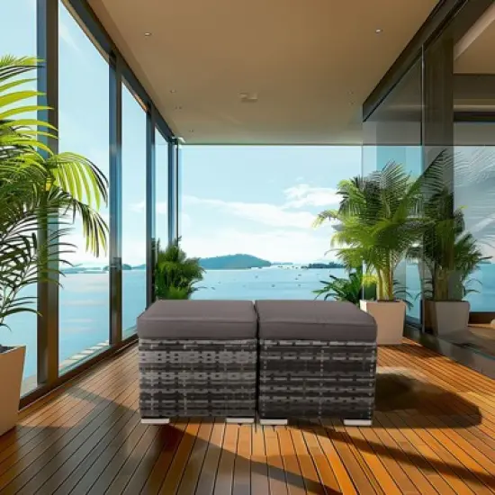 FIONECA All-Weather Outdoor Ottoman with Storage &uml;C PE Wicker Patio Footstool, Gray image {8}